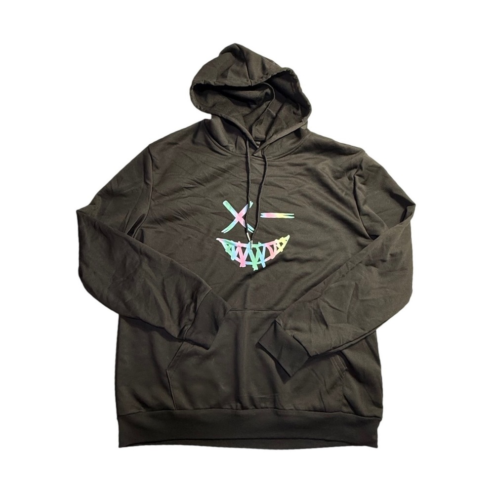 Black Graphic Pullover Hoodie Smiley Face XL Streetwear Sweatshirt-2285